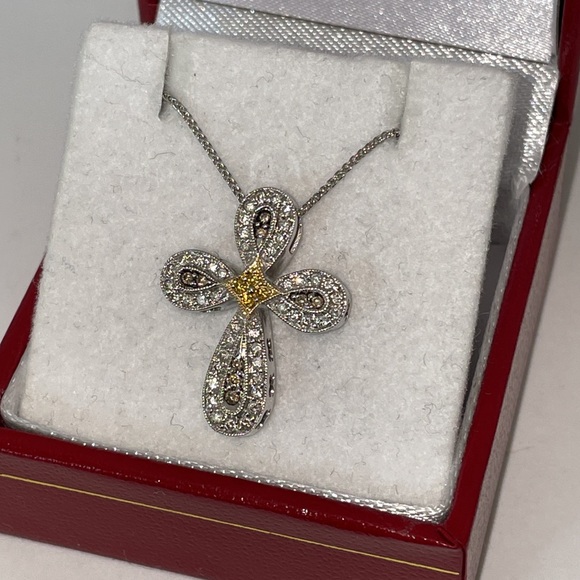 Solid 14K White Gold Natural Diamond Colors Religious Cross Pendant Necklace - Picture 11 of 17